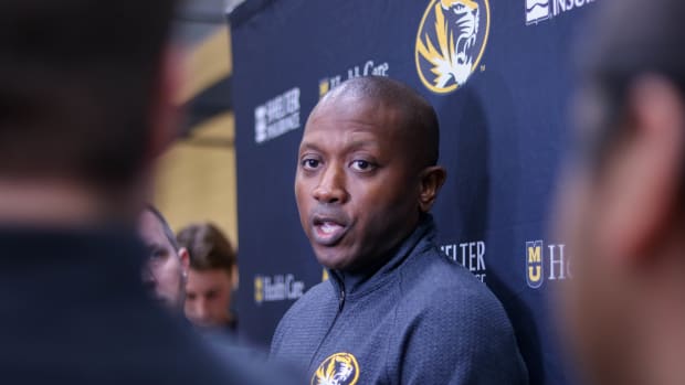 Oct. 16, 2023: Missouri head coach Dennis Gates answers questions from reporters at Missouri men’s basketball Media Day at Mizzou Arena.